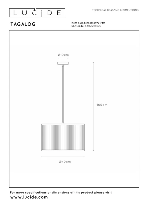 Lucide TAGALOG - Hanglamp - Ø 40 cm - 1xE27 - Zwart - technisch